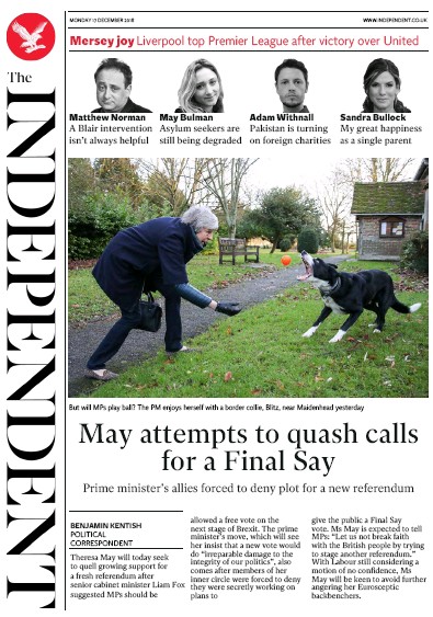 The Independent Newspaper Front Page (UK) for 18 December 2018