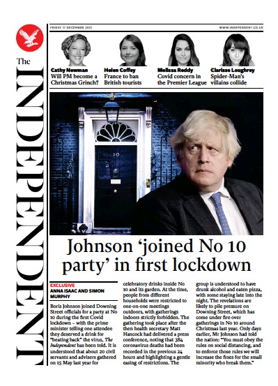 The Independent Newspaper Front Page (UK) for 18 December 2021