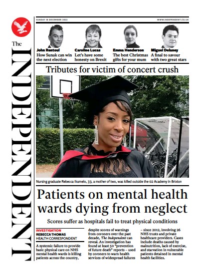 The Independent Newspaper Front Page (UK) for 18 December 2022