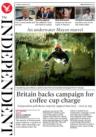 The Independent Newspaper Front Page (UK) for 18 January 2018