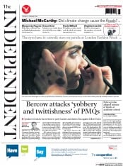 The Independent (UK) Newspaper Front Page for 18 February 2014