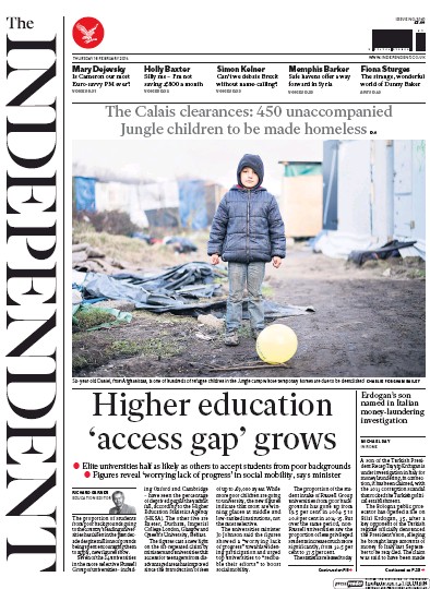 The Independent Newspaper Front Page (UK) for 18 February 2016