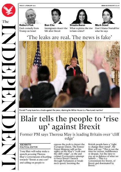 The Independent Newspaper Front Page (UK) for 18 February 2017