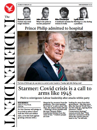 The Independent Newspaper Front Page (UK) for 18 February 2021