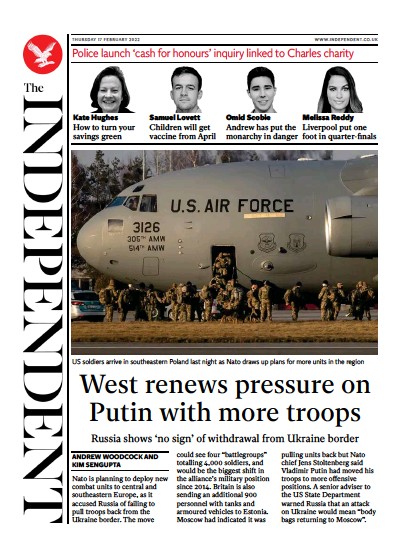 The Independent Newspaper Front Page (UK) for 18 February 2022