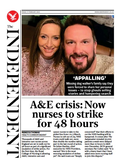 The Independent Newspaper Front Page (UK) for 18 February 2023