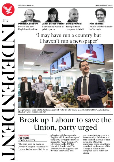 The Independent Newspaper Front Page (UK) for 18 March 2017