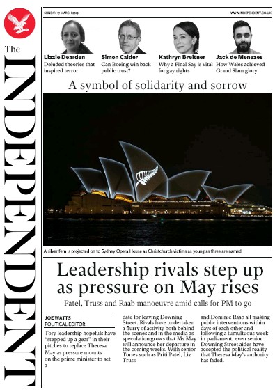 The Independent Newspaper Front Page (UK) for 18 March 2019