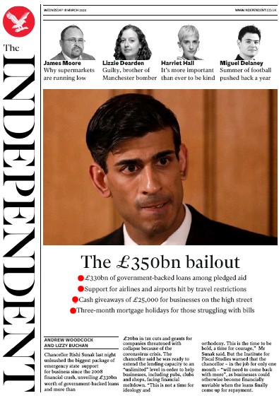 The Independent Newspaper Front Page (UK) for 18 March 2020
