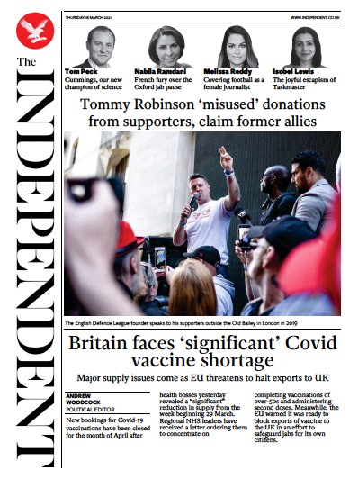 The Independent Newspaper Front Page (UK) for 18 March 2021