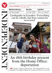 The Independent (UK) Newspaper Front Page for 18 April 2016