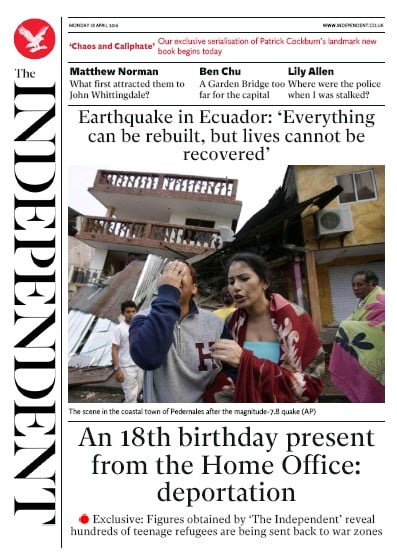 The Independent Newspaper Front Page (UK) for 18 April 2016