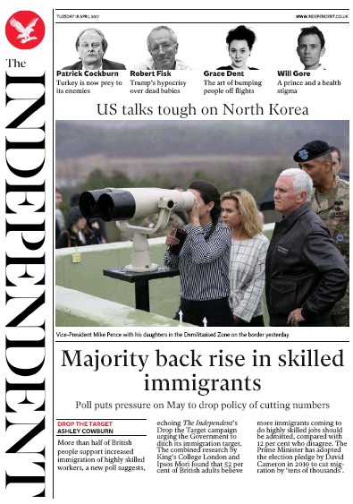 The Independent Newspaper Front Page (UK) for 18 April 2017