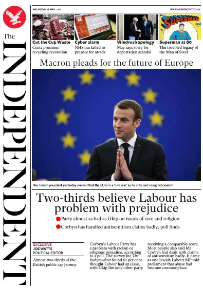 The Independent Newspaper Front Page (UK) for 18 April 2018