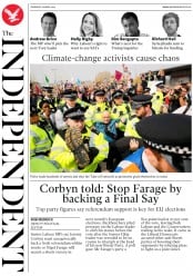 The Independent (UK) Newspaper Front Page for 18 April 2019