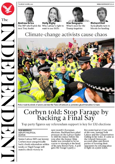 The Independent Newspaper Front Page (UK) for 18 April 2019