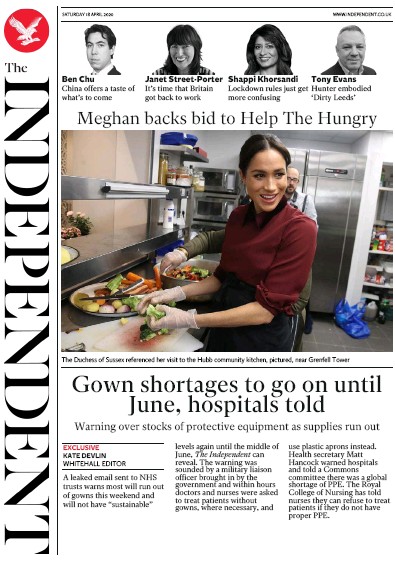 The Independent Newspaper Front Page (UK) for 18 April 2020