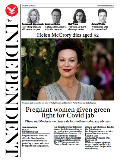 The Independent Newspaper Front Page (UK) for 18 April 2021