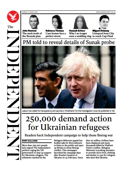 The Independent Newspaper Front Page (UK) for 18 April 2022