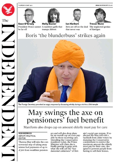 The Independent Newspaper Front Page (UK) for 18 May 2017