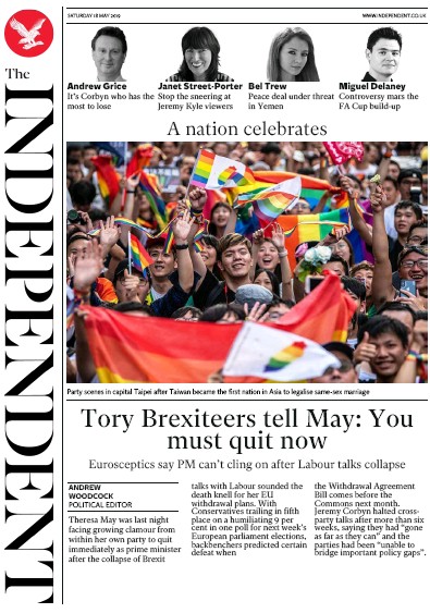 The Independent Newspaper Front Page (UK) for 18 May 2019