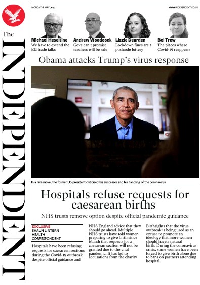 The Independent Newspaper Front Page (UK) for 18 May 2020
