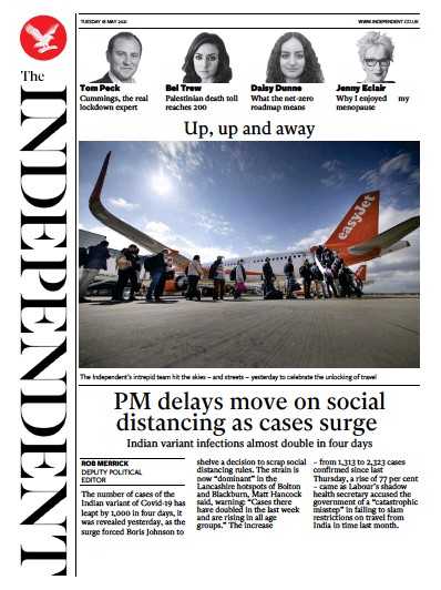 The Independent Newspaper Front Page (UK) for 18 May 2021