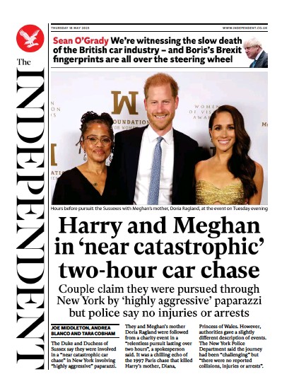 The Independent Newspaper Front Page (UK) for 18 May 2023
