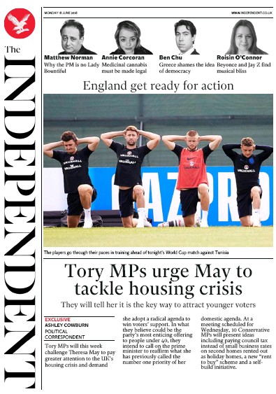 The Independent Newspaper Front Page (UK) for 18 June 2018