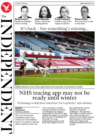 The Independent Newspaper Front Page (UK) for 18 June 2020