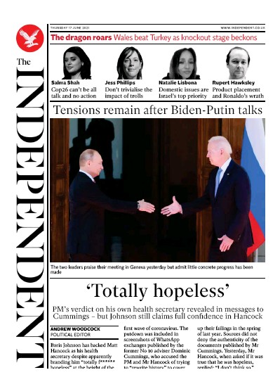 The Independent Newspaper Front Page (UK) for 18 June 2021