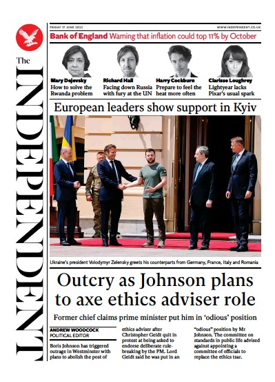 The Independent Newspaper Front Page (UK) for 18 June 2022