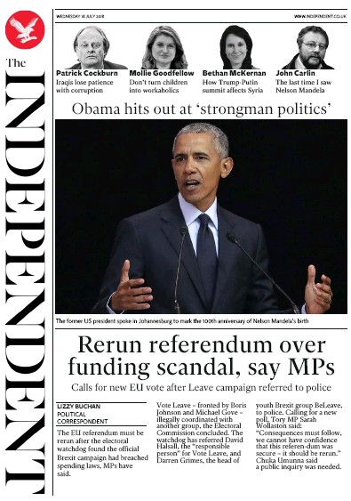 The Independent Newspaper Front Page (UK) for 18 July 2018
