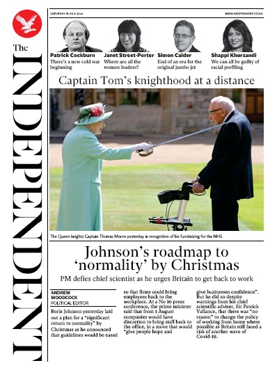 The Independent Newspaper Front Page (UK) for 18 July 2020