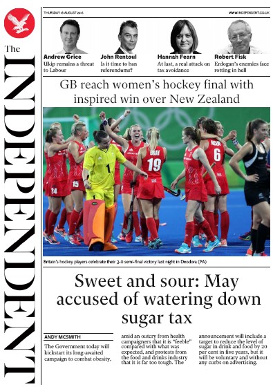 The Independent Newspaper Front Page (UK) for 18 August 2016