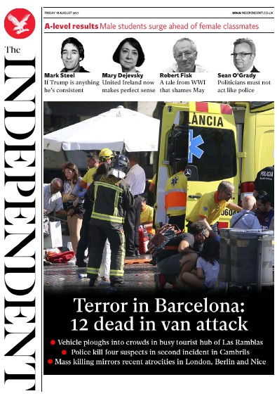 The Independent Newspaper Front Page (UK) for 18 August 2017