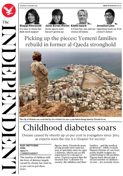 The Independent Newspaper Front Page (UK) for 18 August 2018