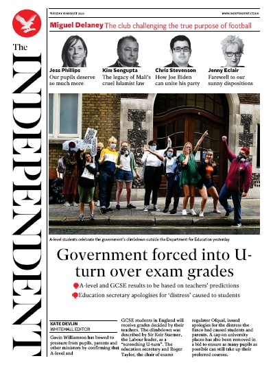 The Independent Newspaper Front Page (UK) for 18 August 2020