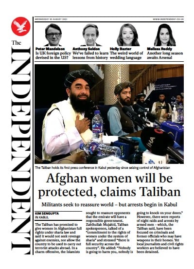 The Independent Newspaper Front Page (UK) for 18 August 2021