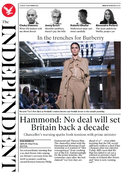 The Independent Newspaper Front Page (UK) for 18 September 2018