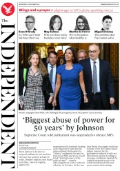 The Independent (UK) Newspaper Front Page for 18 September 2019