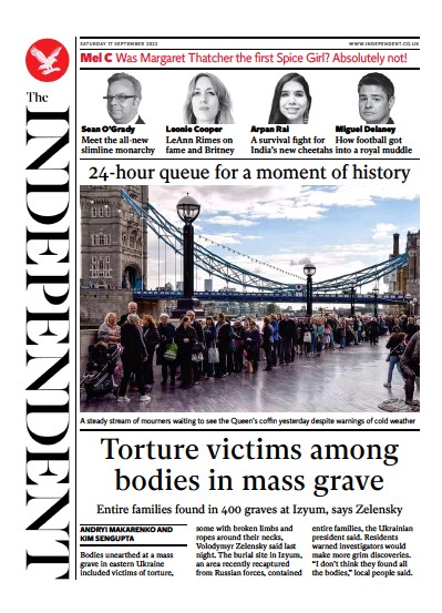 The Independent Newspaper Front Page (UK) for 18 September 2022