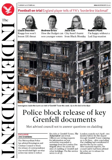 The Independent Newspaper Front Page (UK) for 19 October 2017