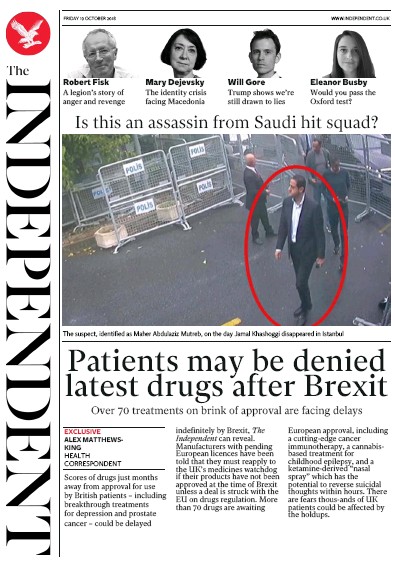The Independent Newspaper Front Page (UK) for 19 October 2018