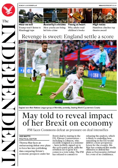 The Independent Newspaper Front Page (UK) for 19 November 2018
