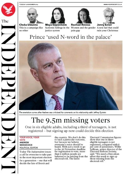 The Independent Newspaper Front Page (UK) for 19 November 2019