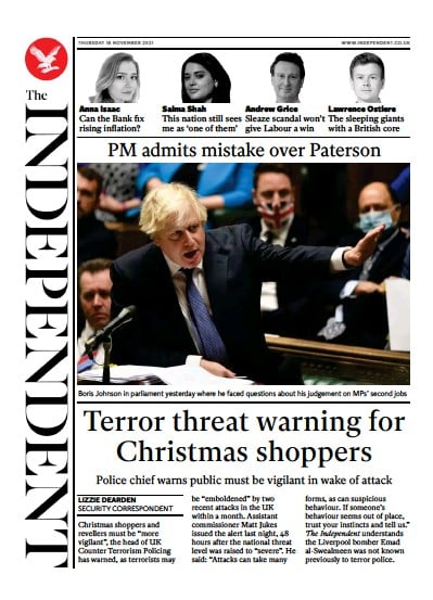 The Independent Newspaper Front Page (UK) for 19 November 2021