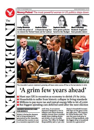 The Independent Newspaper Front Page (UK) for 19 November 2022