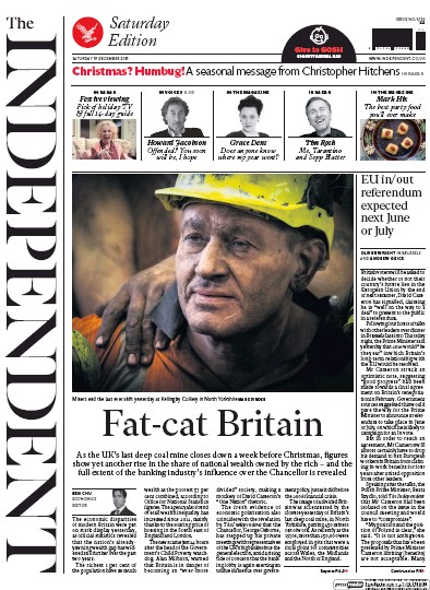 The Independent Newspaper Front Page (UK) for 19 December 2015