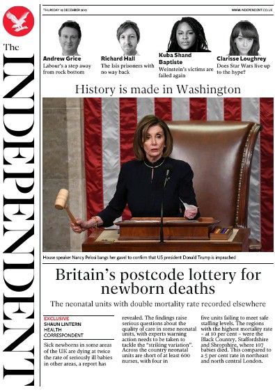 The Independent Newspaper Front Page (UK) for 19 December 2019
